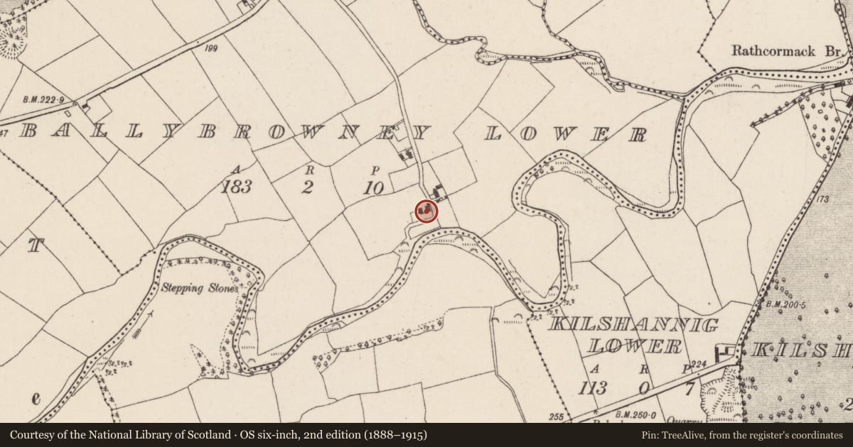 Ordnance Survey six-inch map, 2nd edition (1888–1915) covering the location of House - vernacular house, Ballybrowney Lower, County Cork, with a pin at the register's coordinates