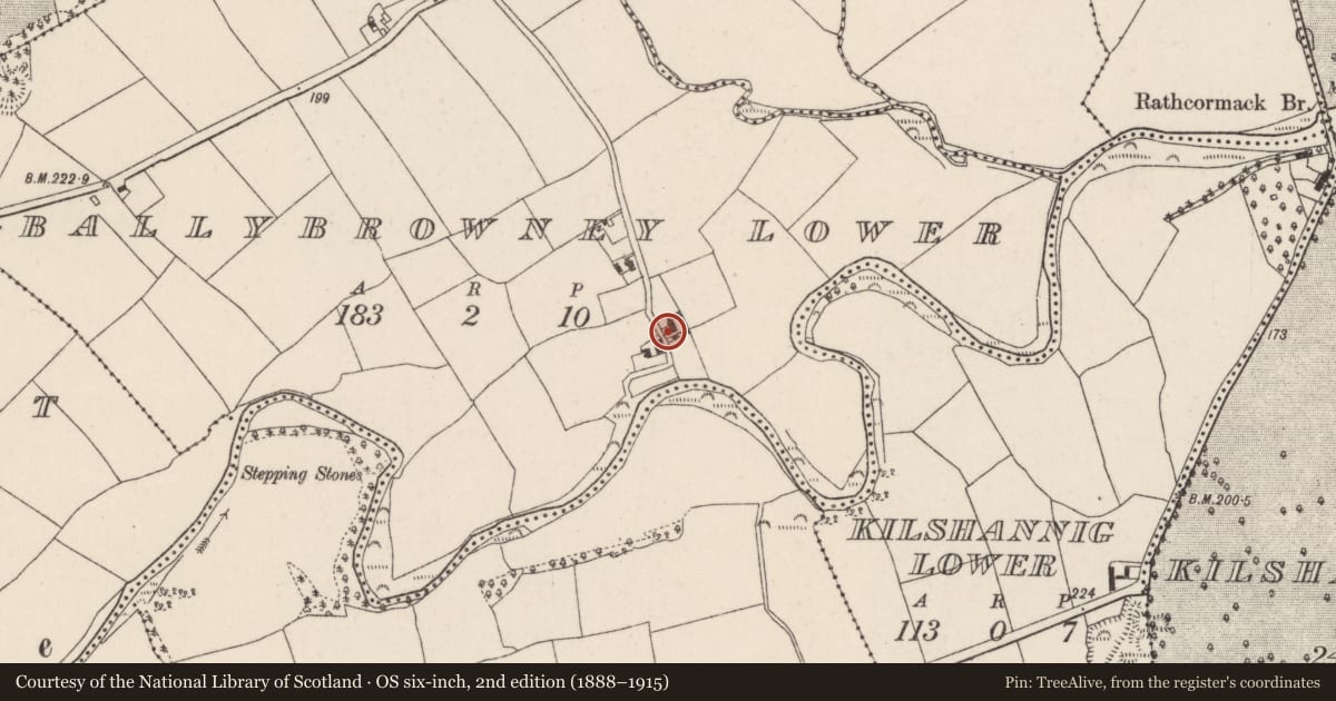 Ordnance Survey six-inch map, 2nd edition (1888–1915) covering the location of House - vernacular house, Ballybrowney Lower, County Cork, with a pin at the register's coordinates