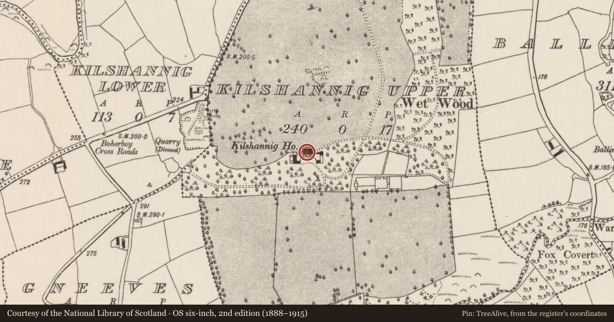Ordnance Survey six-inch map, 2nd edition (1888–1915) covering the location of Country house, Kilshannig Upper, County Cork, with a pin at the register's coordinates