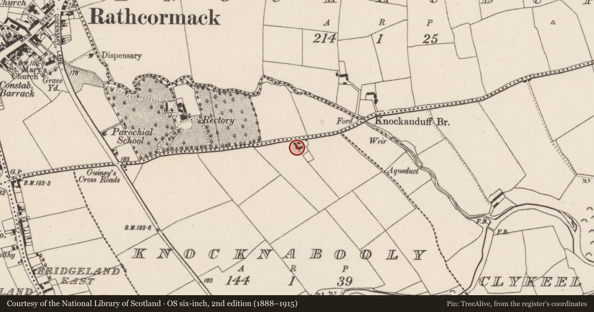 Ordnance Survey six-inch map, 2nd edition (1888–1915) covering the location of House - vernacular house, Knocknabooly, County Cork, with a pin at the register's coordinates