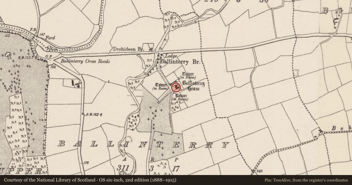 Ordnance Survey six-inch map, 2nd edition (1888–1915) covering the location of House - fortified house, Ballinterry, County Cork, with a pin at the register's coordinates