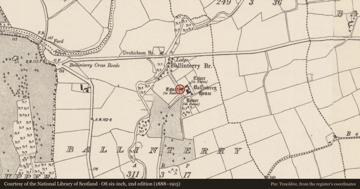 Ordnance Survey six-inch map, 2nd edition (1888–1915) covering the location of Bawn, Ballinterry, County Cork, with a pin at the register's coordinates
