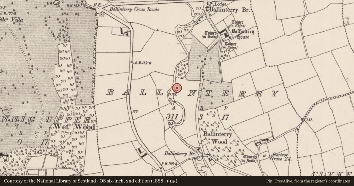 Ordnance Survey six-inch map, 2nd edition (1888–1915) covering the location of Earthwork, Ballinterry, County Cork, with a pin at the register's coordinates