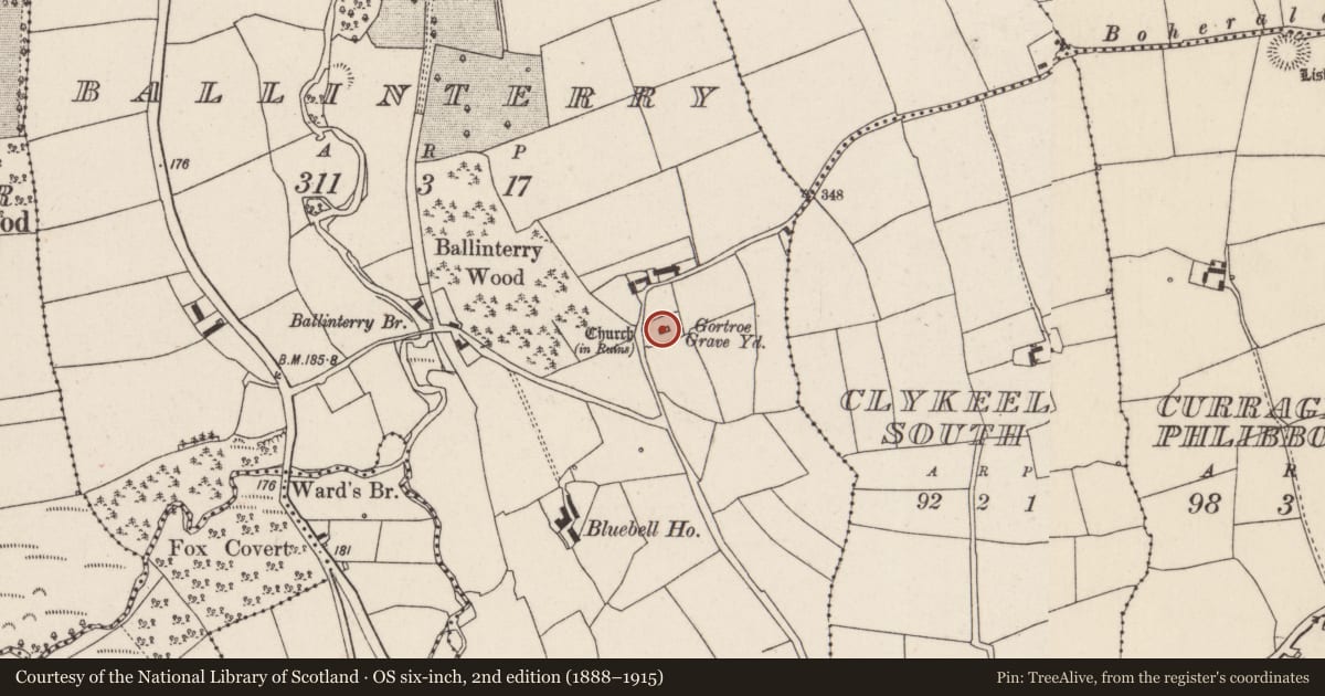 Ordnance Survey six-inch map, 2nd edition (1888–1915) covering the location of Graveyard, Ballinterry, County Cork, with a pin at the register's coordinates