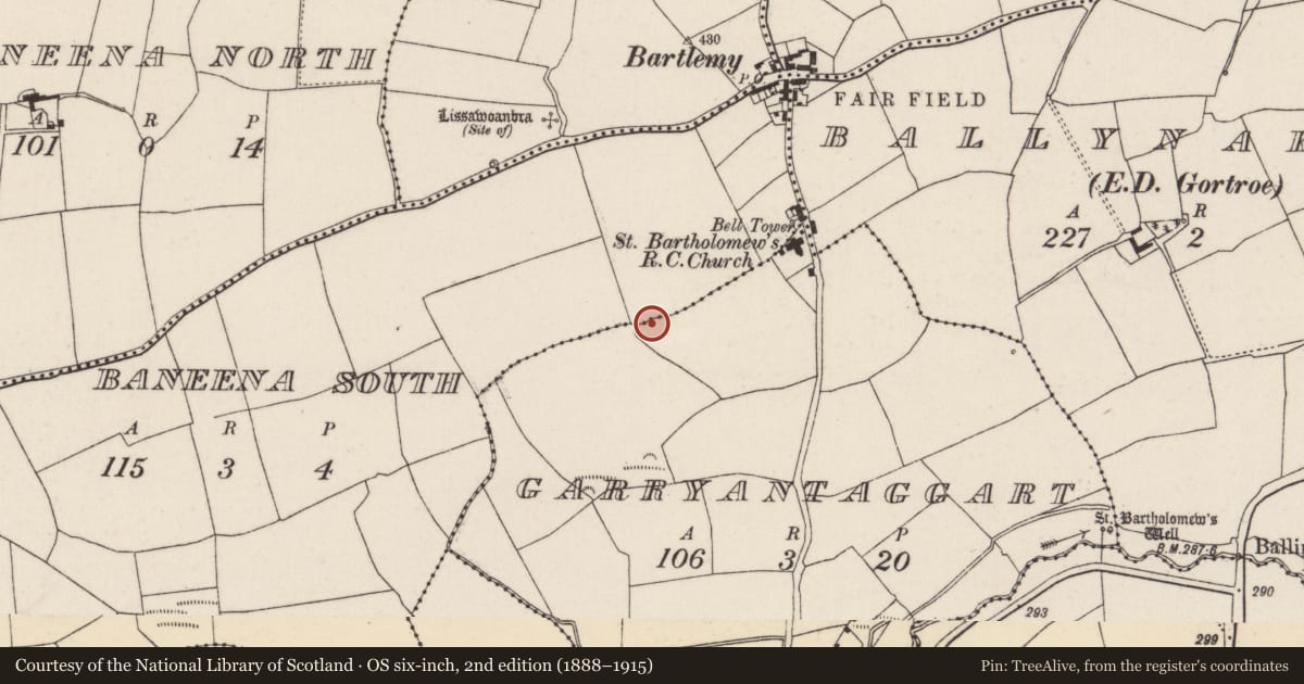Ordnance Survey six-inch map, 2nd edition (1888–1915) covering the location of Enclosure, Garryantaggart, County Cork, with a pin at the register's coordinates
