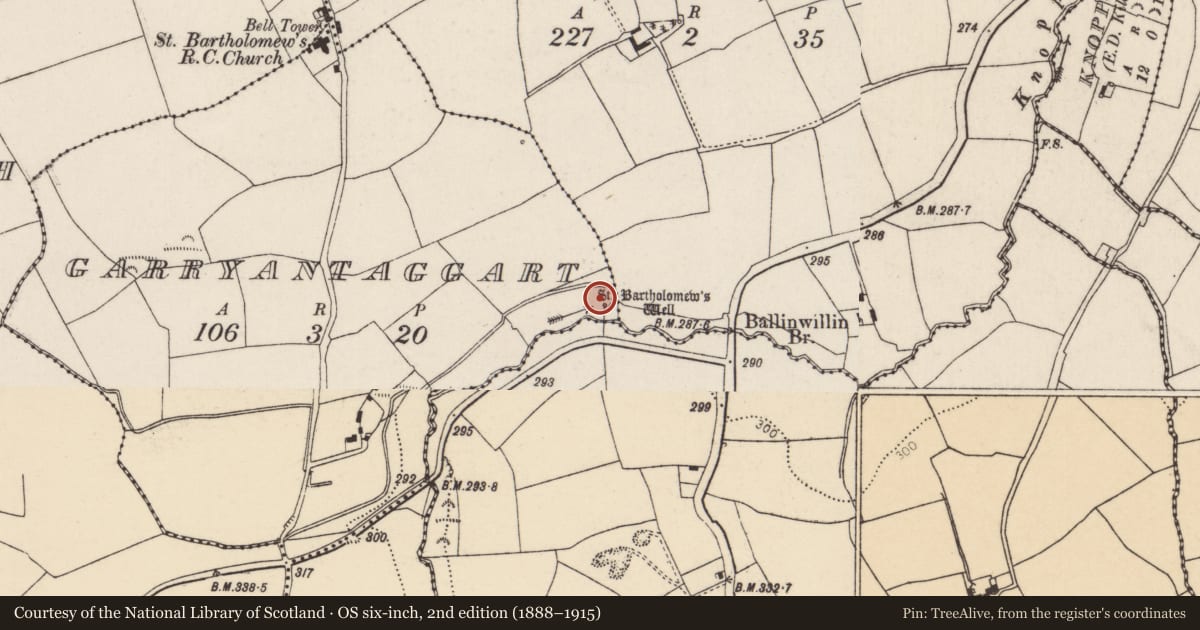 Ordnance Survey six-inch map, 2nd edition (1888–1915) covering the location of Ritual site - holy well, Garryantaggart, County Cork, with a pin at the register's coordinates