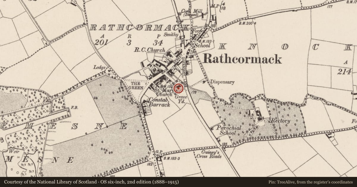 Ordnance Survey six-inch map, 2nd edition (1888–1915) covering the location of Graveyard, Rathcormack, County Cork, with a pin at the register's coordinates