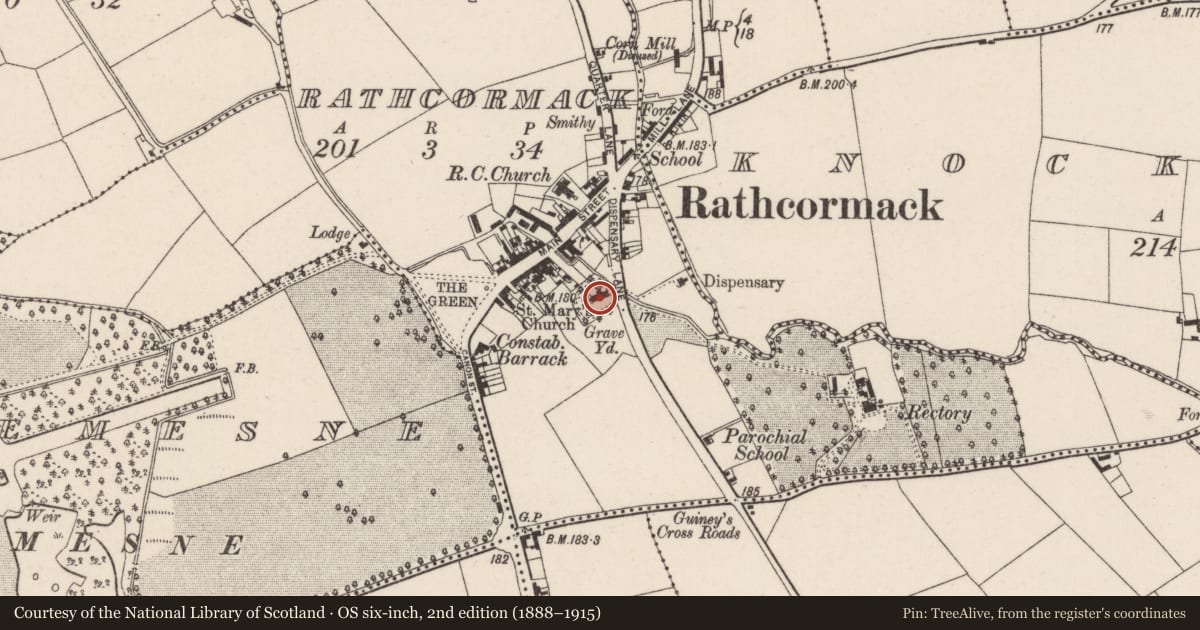 Ordnance Survey six-inch map, 2nd edition (1888–1915) covering the location of Church, Rathcormack, County Cork, with a pin at the register's coordinates