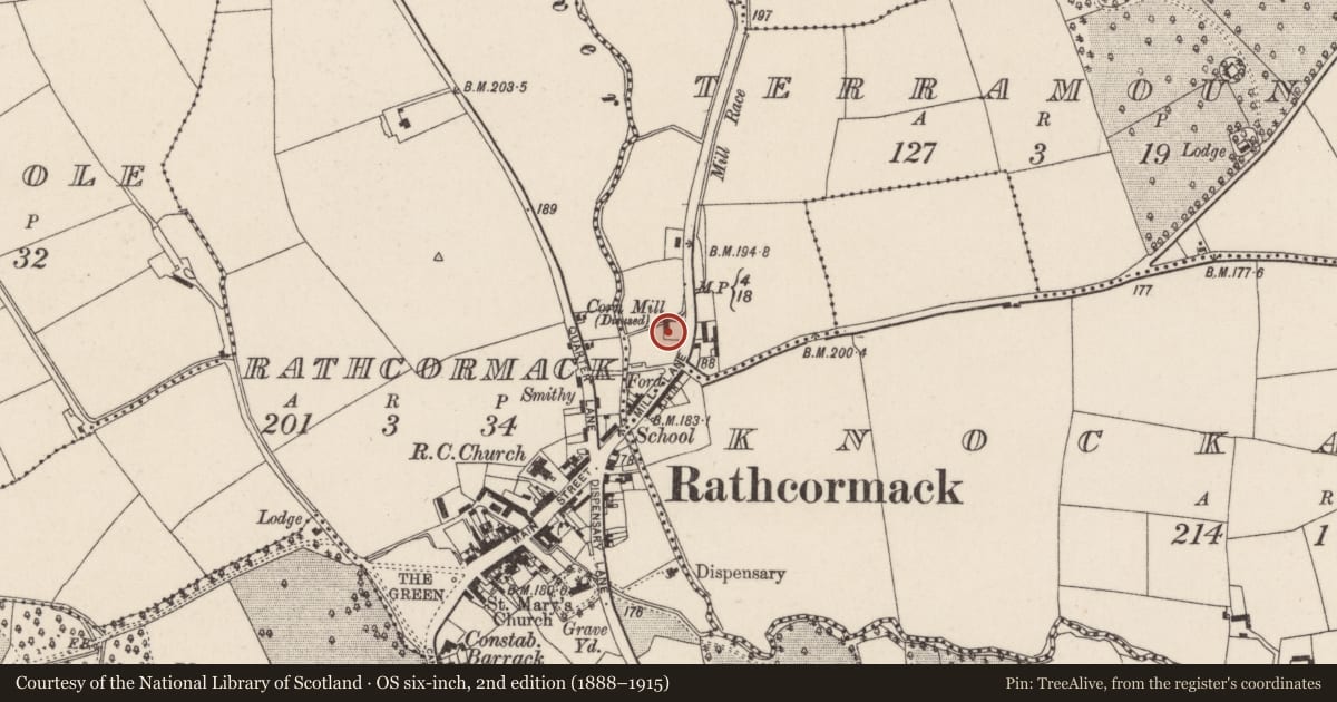 Ordnance Survey six-inch map, 2nd edition (1888–1915) covering the location of Mill - corn, Terramount, County Cork, with a pin at the register's coordinates