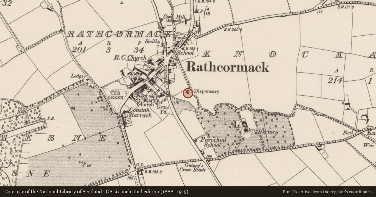 Ordnance Survey six-inch map, 2nd edition (1888–1915) covering the location of Fever hospital, Rathcormack, County Cork, with a pin at the register's coordinates