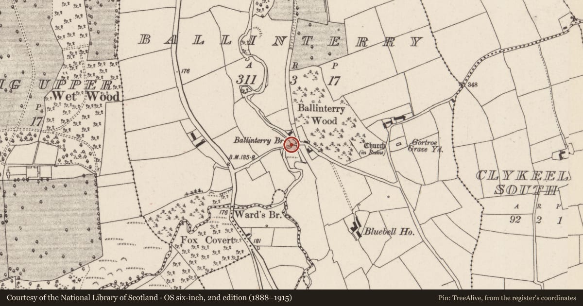 Ordnance Survey six-inch map, 2nd edition (1888–1915) covering the location of Bridge, Ballinterry, County Cork, with a pin at the register's coordinates