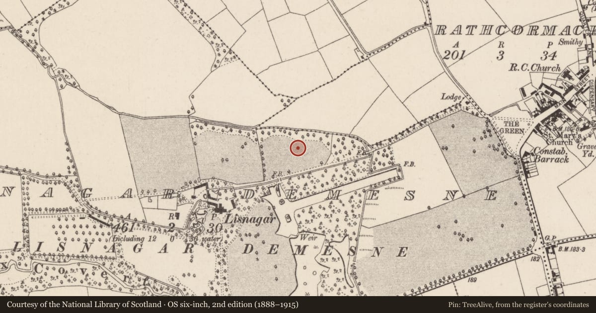 Ordnance Survey six-inch map, 2nd edition (1888–1915) covering the location of Enclosure, Lisnagar Demesne, County Cork, with a pin at the register's coordinates