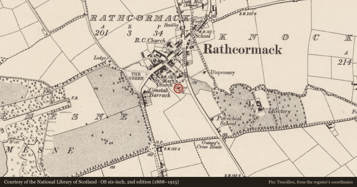 Ordnance Survey six-inch map, 2nd edition (1888–1915) covering the location of Enclosure, Rathcormack, County Cork, with a pin at the register's coordinates