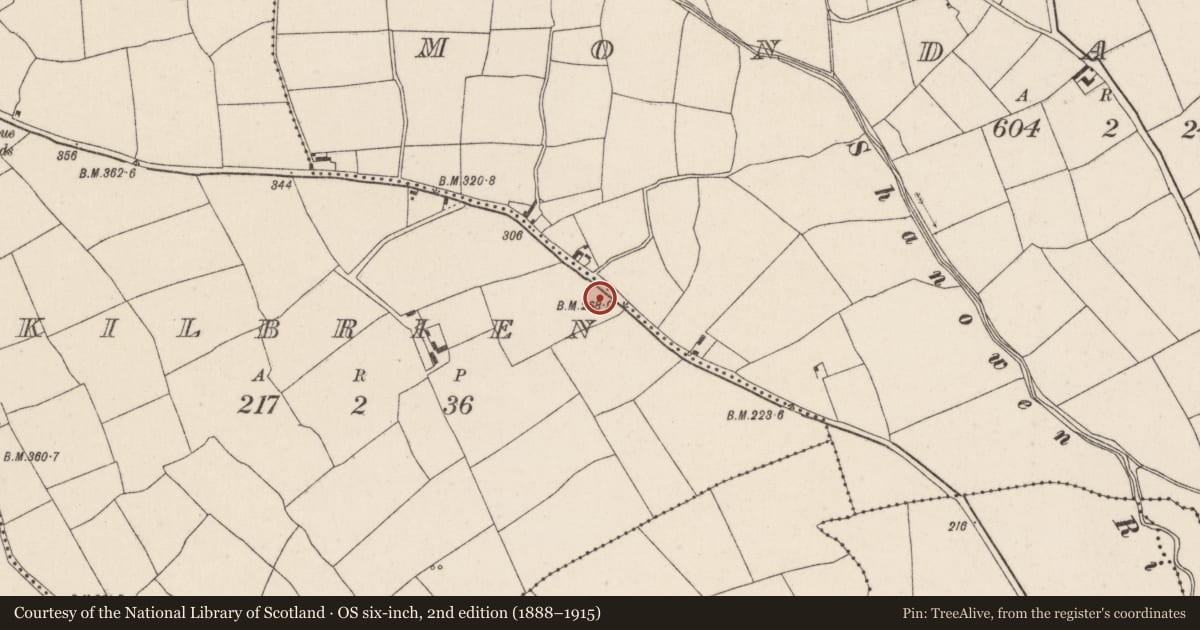 Ordnance Survey six-inch map, 2nd edition (1888–1915) covering the location of Fulacht fia, Kilbrien, County Cork, with a pin at the register's coordinates
