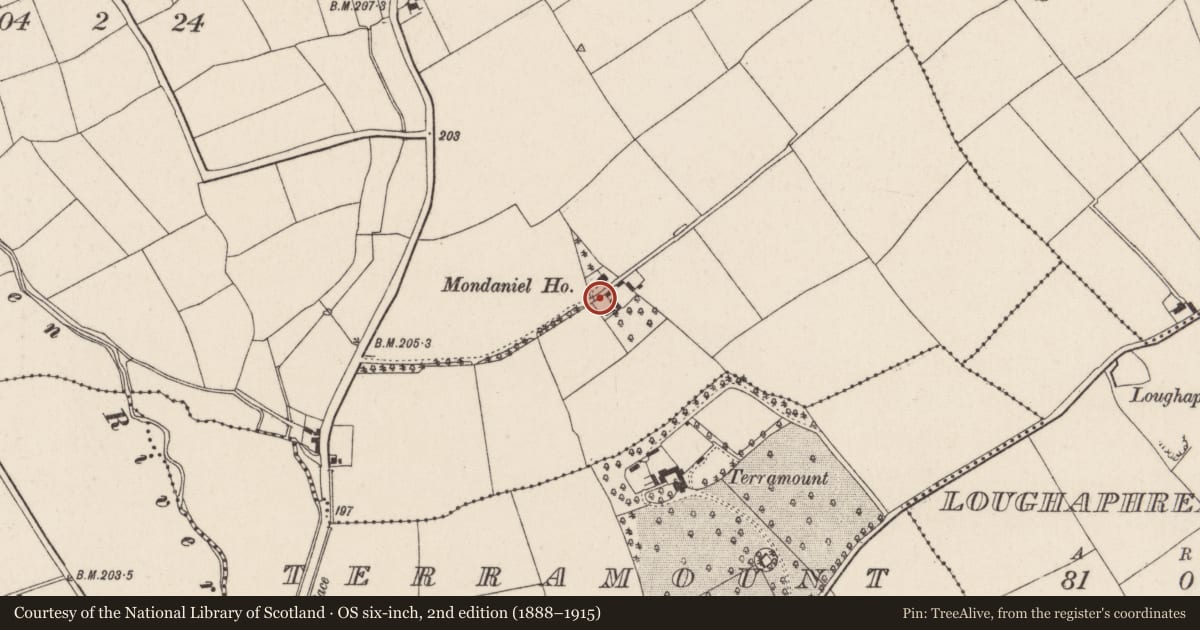 Ordnance Survey six-inch map, 2nd edition (1888–1915) covering the location of Architectural fragment, Mondaniel, County Cork, with a pin at the register's coordinates