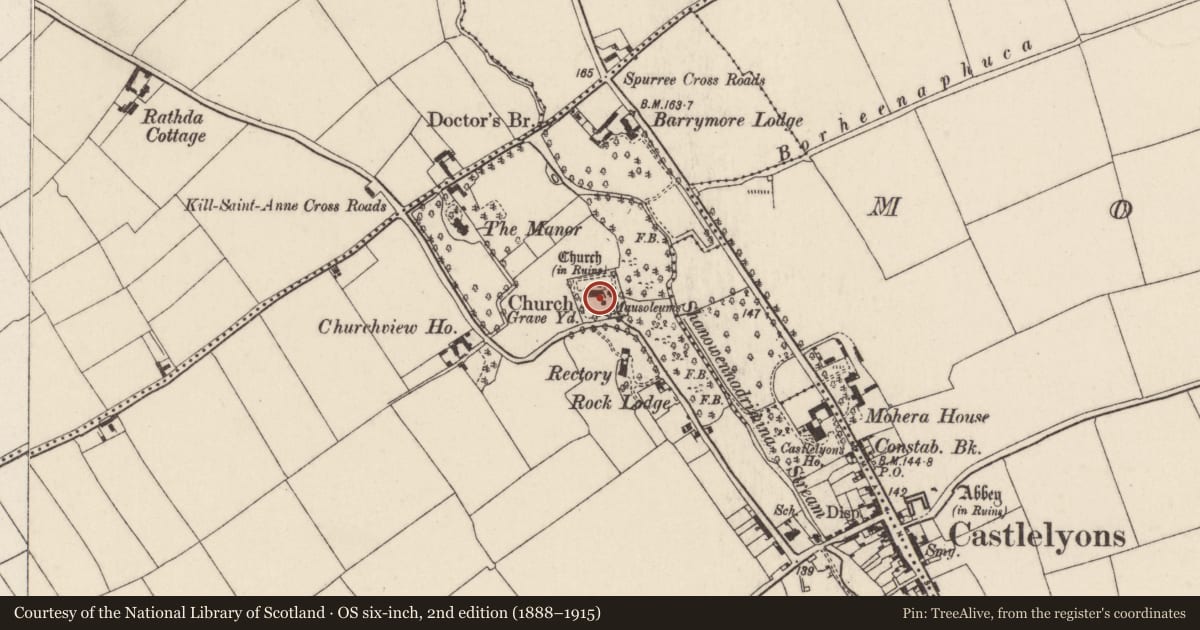 Ordnance Survey six-inch map, 2nd edition (1888–1915) covering the location of Graveyard, Kill Saint Anne South, County Cork, with a pin at the register's coordinates