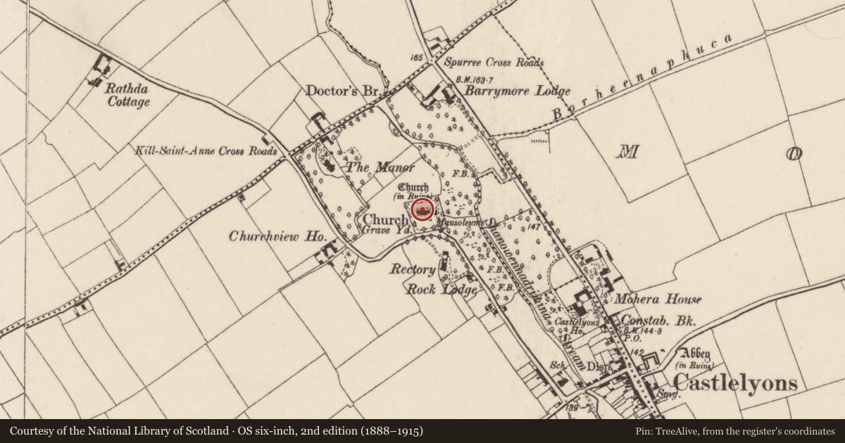 Ordnance Survey six-inch map, 2nd edition (1888–1915) covering the location of Church, Kill Saint Anne South, County Cork, with a pin at the register's coordinates