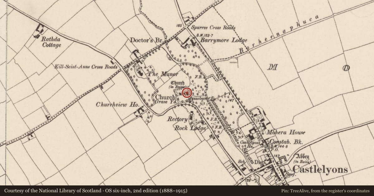 Ordnance Survey six-inch map, 2nd edition (1888–1915) covering the location of Church, Kill Saint Anne South, County Cork, with a pin at the register's coordinates