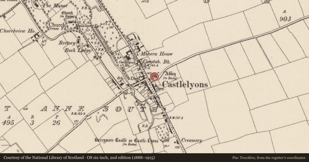 Ordnance Survey six-inch map, 2nd edition (1888–1915) covering the location of Religious house - Carmelite friars, Mohera, County Cork, with a pin at the register's coordinates