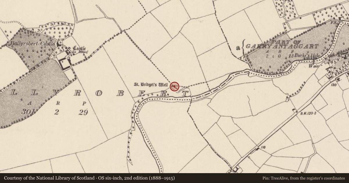 Ordnance Survey six-inch map, 2nd edition (1888–1915) covering the location of Ritual site - holy well, Ballyrobert (Barrymore By., Knockmourne Par.), County Cork, with a pin at the register's coordinates