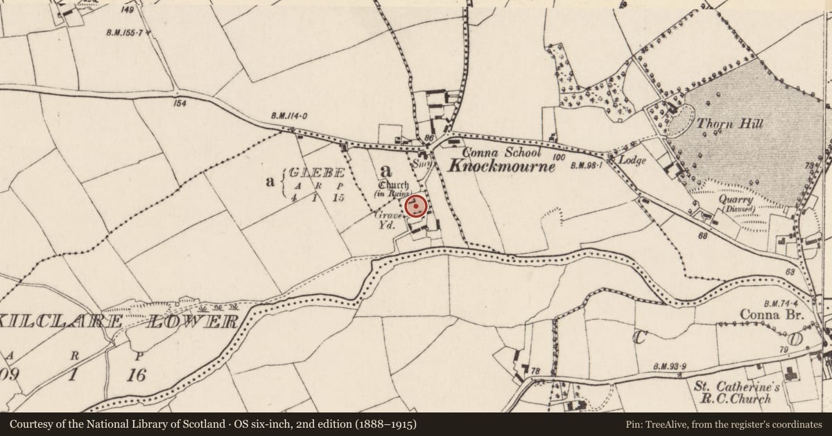 Ordnance Survey six-inch map, 2nd edition (1888–1915) covering the location of Graveyard, Glebe, County Cork, with a pin at the register's coordinates