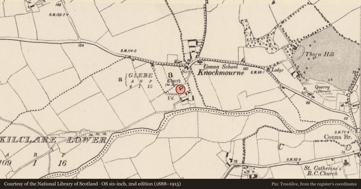 Ordnance Survey six-inch map, 2nd edition (1888–1915) covering the location of Church, Glebe, County Cork, with a pin at the register's coordinates