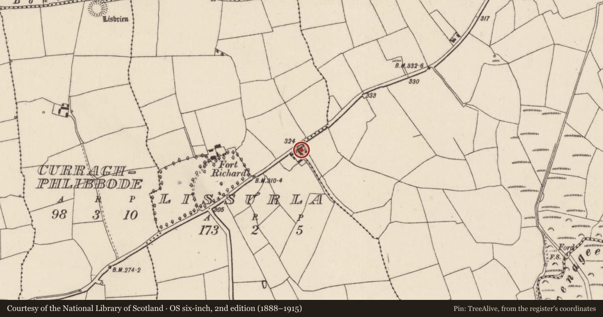 Ordnance Survey six-inch map, 2nd edition (1888–1915) covering the location of House - vernacular house, Killawillin, County Cork, with a pin at the register's coordinates