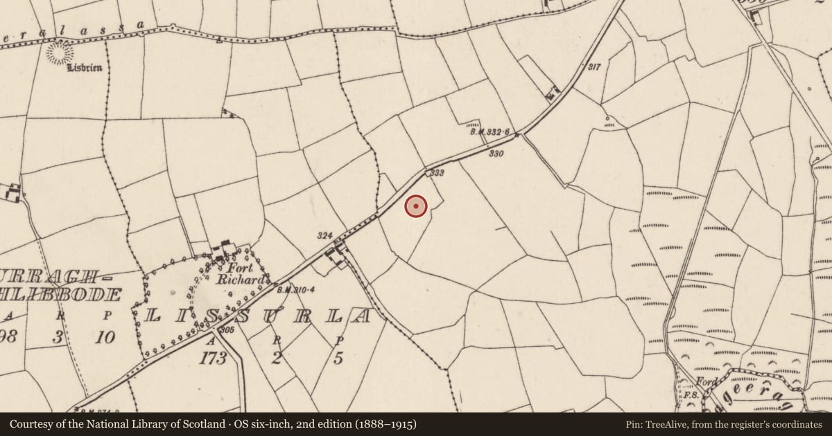 Ordnance Survey six-inch map, 2nd edition (1888–1915) covering the location of Ringfort - rath, Killawillin, County Cork, with a pin at the register's coordinates