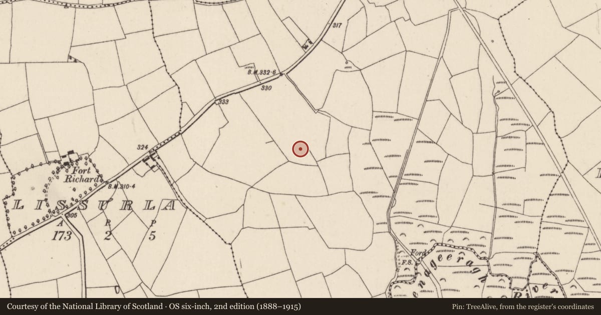 Ordnance Survey six-inch map, 2nd edition (1888–1915) covering the location of Fulacht fia, Killawillin, County Cork, with a pin at the register's coordinates