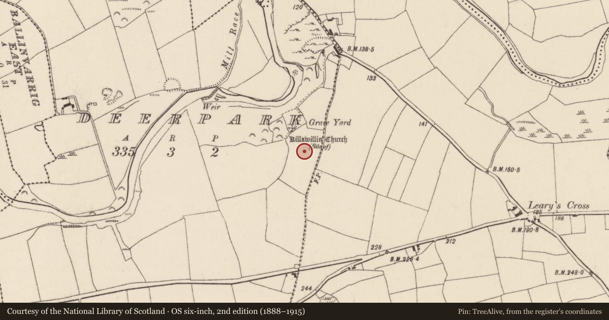 Ordnance Survey six-inch map, 2nd edition (1888–1915) covering the location of Ecclesiastical enclosure, Deerpark, County Cork, with a pin at the register's coordinates
