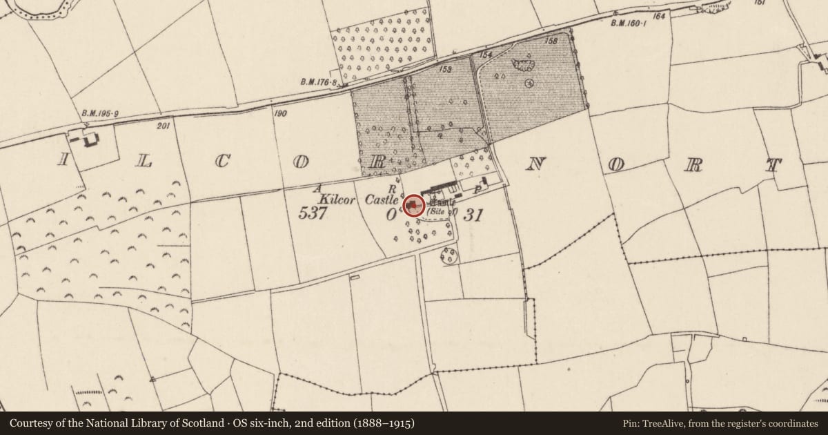 Ordnance Survey six-inch map, 2nd edition (1888–1915) covering the location of Country house, Kilcor North, County Cork, with a pin at the register's coordinates