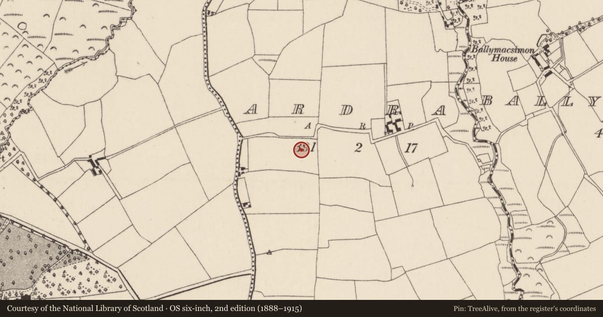 Ordnance Survey six-inch map, 2nd edition (1888–1915) covering the location of Enclosure, Ardra, County Cork, with a pin at the register's coordinates