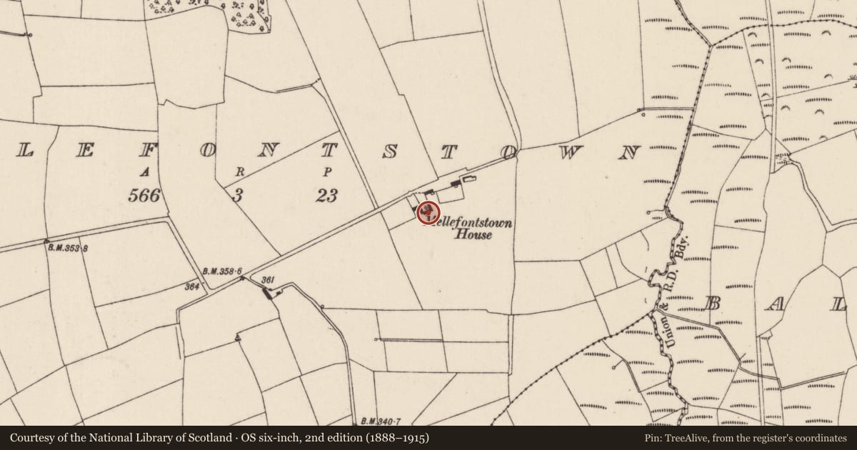Ordnance Survey six-inch map, 2nd edition (1888–1915) covering the location of Country house, Mellefontstown, County Cork, with a pin at the register's coordinates
