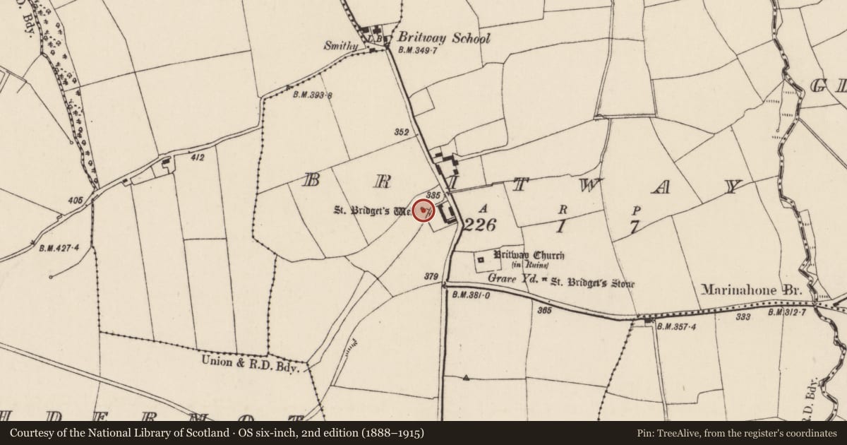 Ordnance Survey six-inch map, 2nd edition (1888–1915) covering the location of Ritual site - holy well, Britway, County Cork, with a pin at the register's coordinates