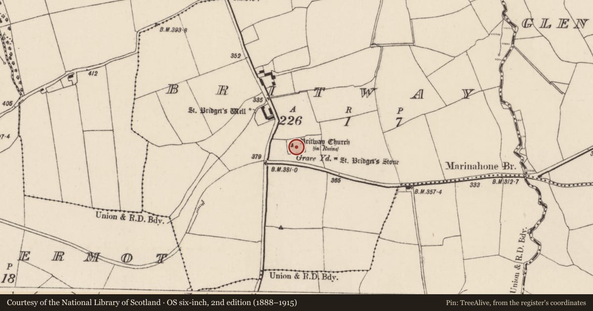 Ordnance Survey six-inch map, 2nd edition (1888–1915) covering the location of Graveyard, Britway, County Cork, with a pin at the register's coordinates