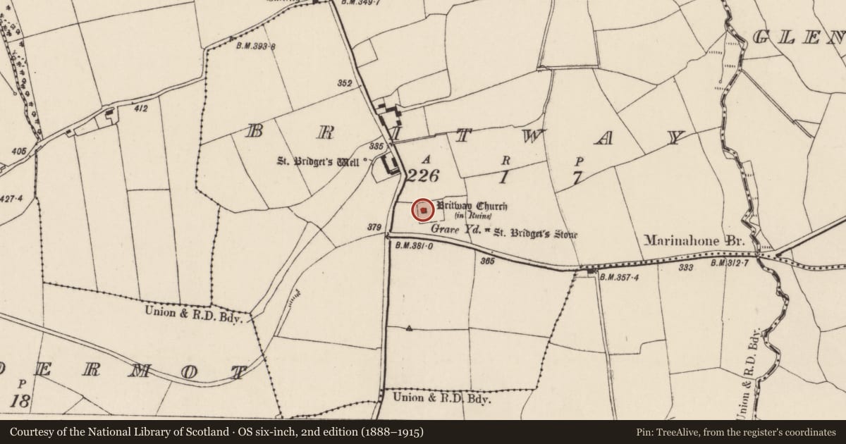 Ordnance Survey six-inch map, 2nd edition (1888–1915) covering the location of Church, Britway, County Cork, with a pin at the register's coordinates