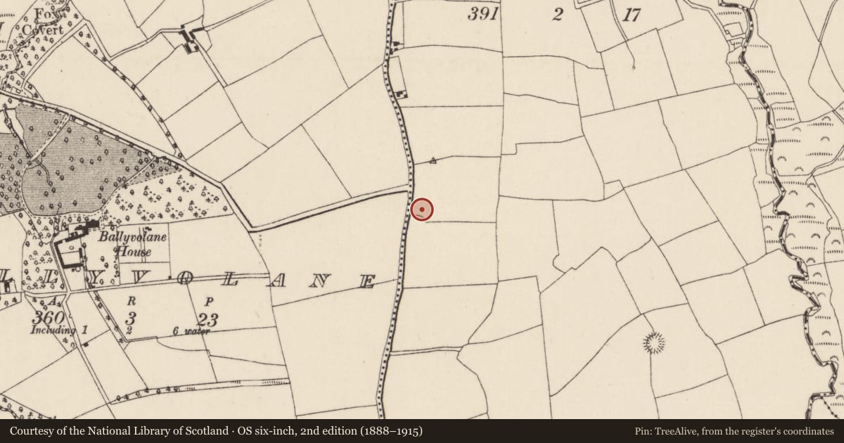 Ordnance Survey six-inch map, 2nd edition (1888–1915) covering the location of Enclosure, Ardra, County Cork, with a pin at the register's coordinates