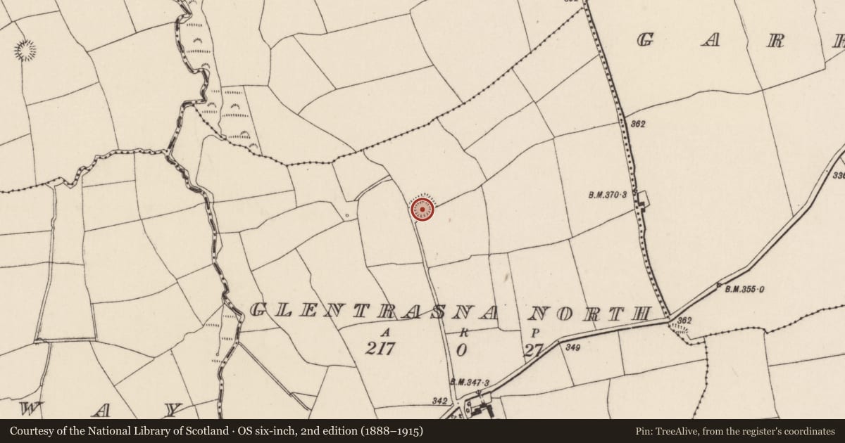 Ordnance Survey six-inch map, 2nd edition (1888–1915) covering the location of Ringfort - rath, Glentrasna North, County Cork, with a pin at the register's coordinates