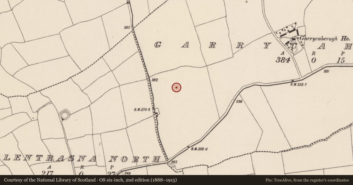 Ordnance Survey six-inch map, 2nd edition (1888–1915) covering the location of Standing stone, Garrycaheragh, County Cork, with a pin at the register's coordinates