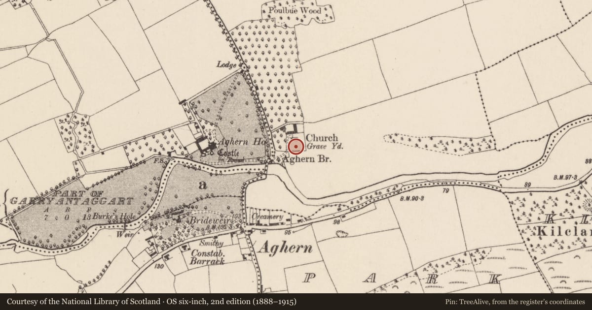 Ordnance Survey six-inch map, 2nd edition (1888–1915) covering the location of Graveyard, Aghern East, County Cork, with a pin at the register's coordinates