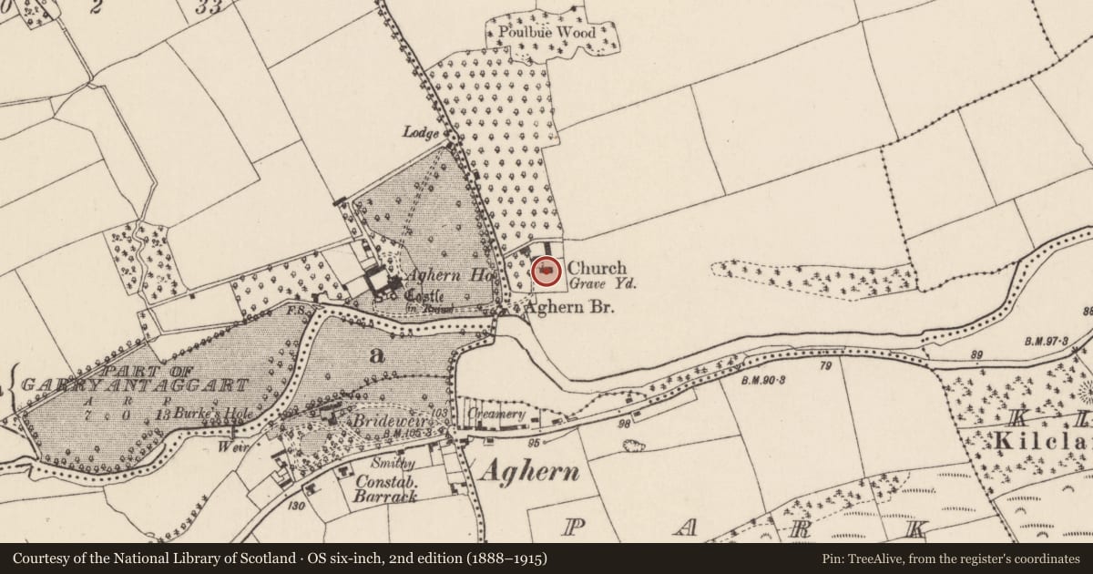 Ordnance Survey six-inch map, 2nd edition (1888–1915) covering the location of Church, Aghern East, County Cork, with a pin at the register's coordinates