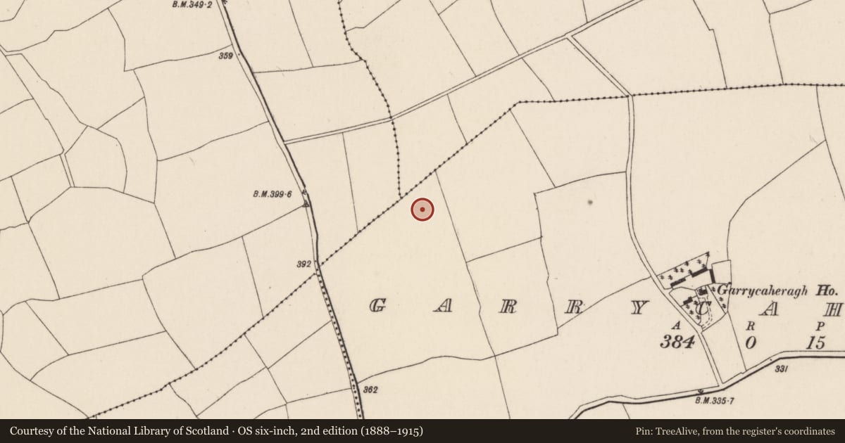 Ordnance Survey six-inch map, 2nd edition (1888–1915) covering the location of Ringfort - rath, Garrycaheragh, County Cork, with a pin at the register's coordinates