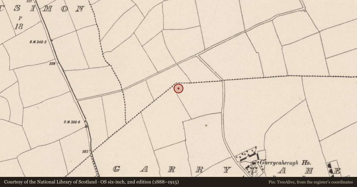 Ordnance Survey six-inch map, 2nd edition (1888–1915) covering the location of Ringfort - rath, Garrycaheragh, County Cork, with a pin at the register's coordinates