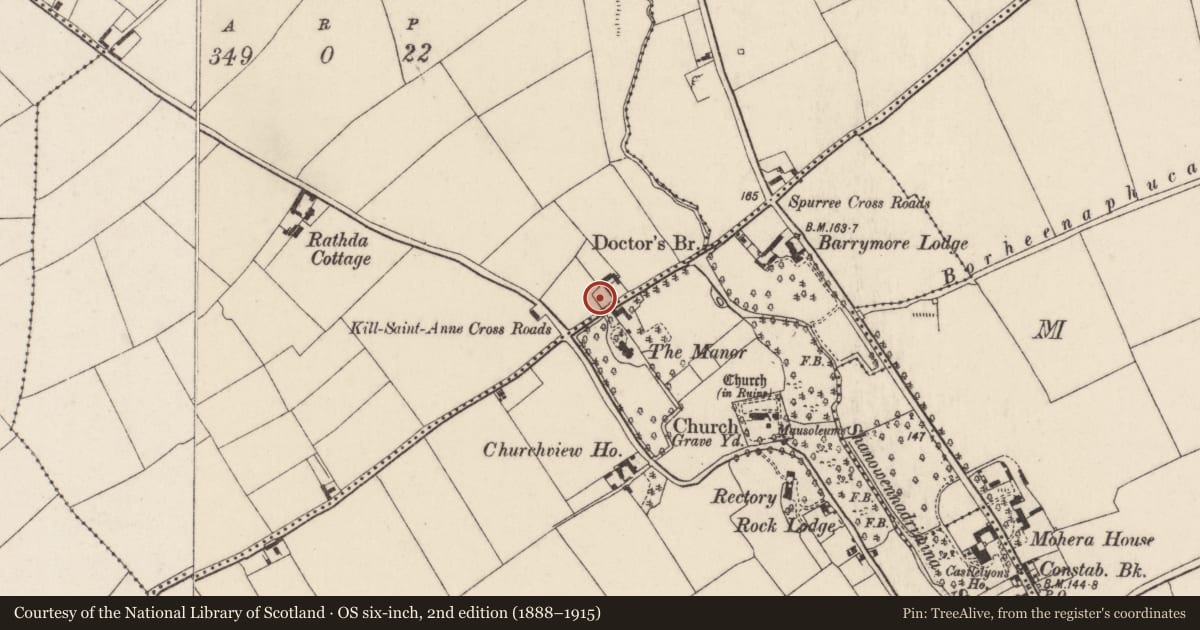 Ordnance Survey six-inch map, 2nd edition (1888–1915) covering the location of Burial ground, Kill Saint Anne North, County Cork, with a pin at the register's coordinates
