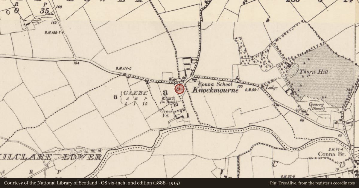 Ordnance Survey six-inch map, 2nd edition (1888–1915) covering the location of Souterrain, Kilclare Lower, County Cork, with a pin at the register's coordinates