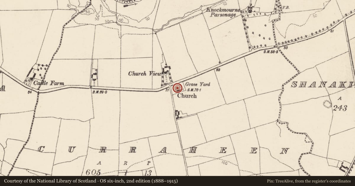 Ordnance Survey six-inch map, 2nd edition (1888–1915) covering the location of Graveyard, Curraheen, County Cork, with a pin at the register's coordinates