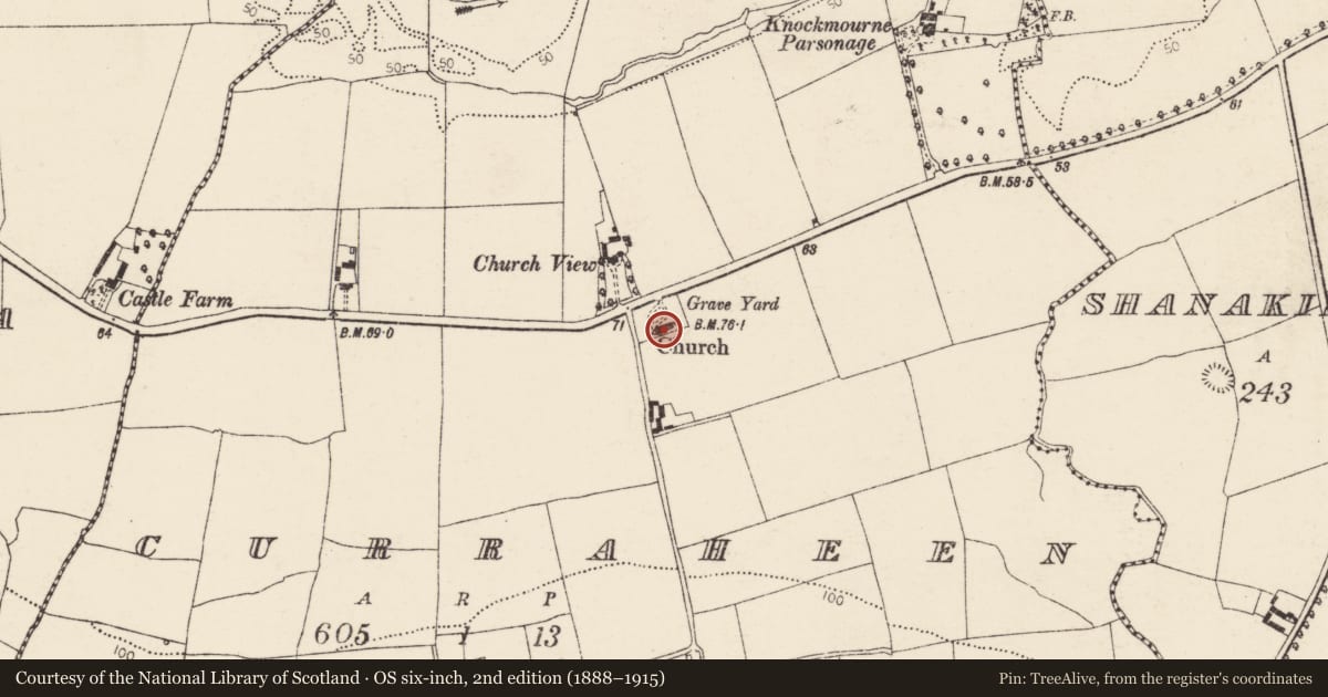 Ordnance Survey six-inch map, 2nd edition (1888–1915) covering the location of Church, Curraheen, County Cork, with a pin at the register's coordinates