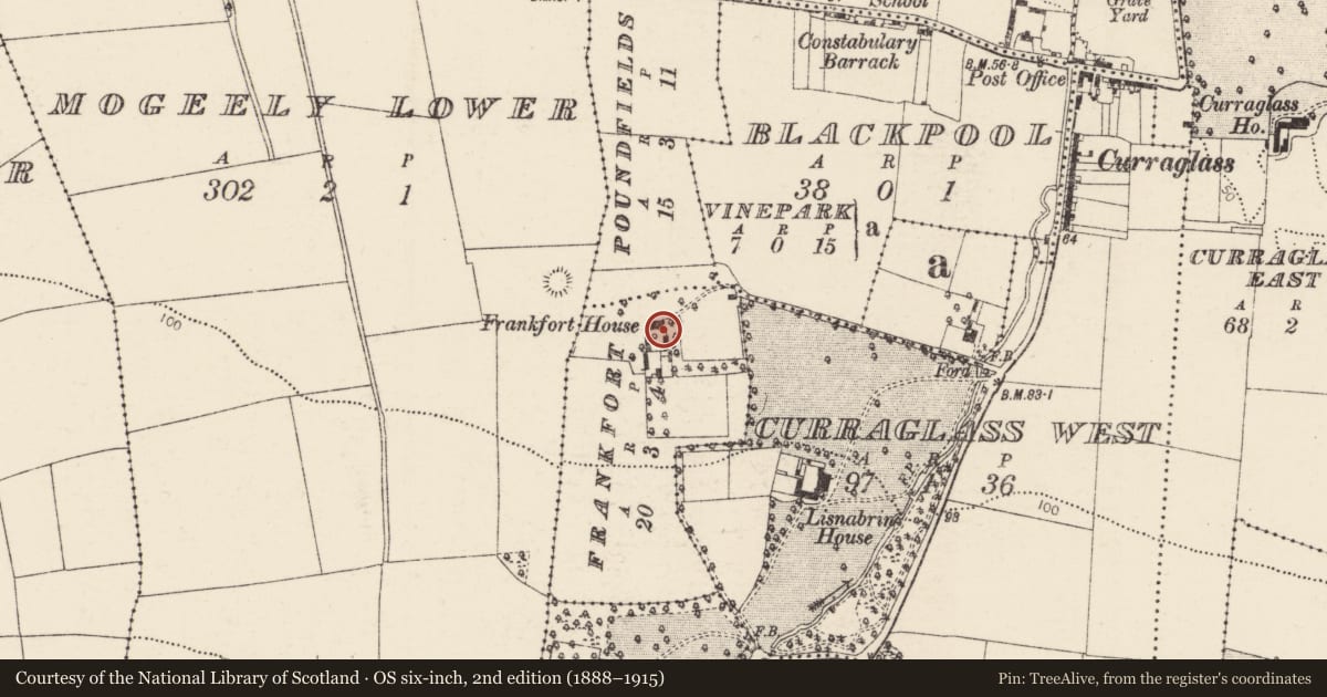 Ordnance Survey six-inch map, 2nd edition (1888–1915) covering the location of Country house, Frankfort, County Cork, with a pin at the register's coordinates
