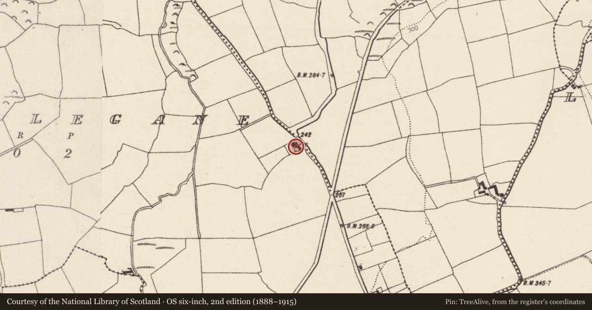Ordnance Survey six-inch map, 2nd edition (1888–1915) covering the location of House - vernacular house, Ballinlegane, County Cork, with a pin at the register's coordinates