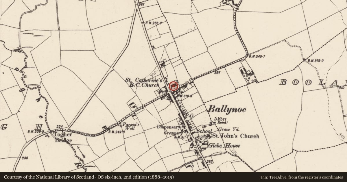 Ordnance Survey six-inch map, 2nd edition (1888–1915) covering the location of Church, Ballinlegane, County Cork, with a pin at the register's coordinates